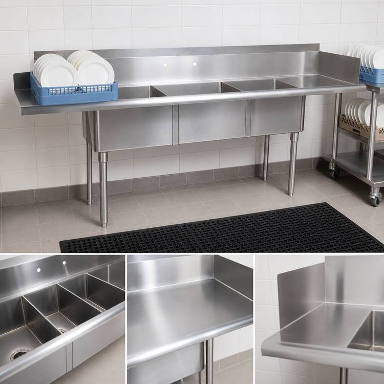 Product image #3 for BK Resources Right-to-Left 3-Compartment Soiled Dish Table and Sink, 100 x 30-1/2 x 44 Inches, 304 Stainless Steel