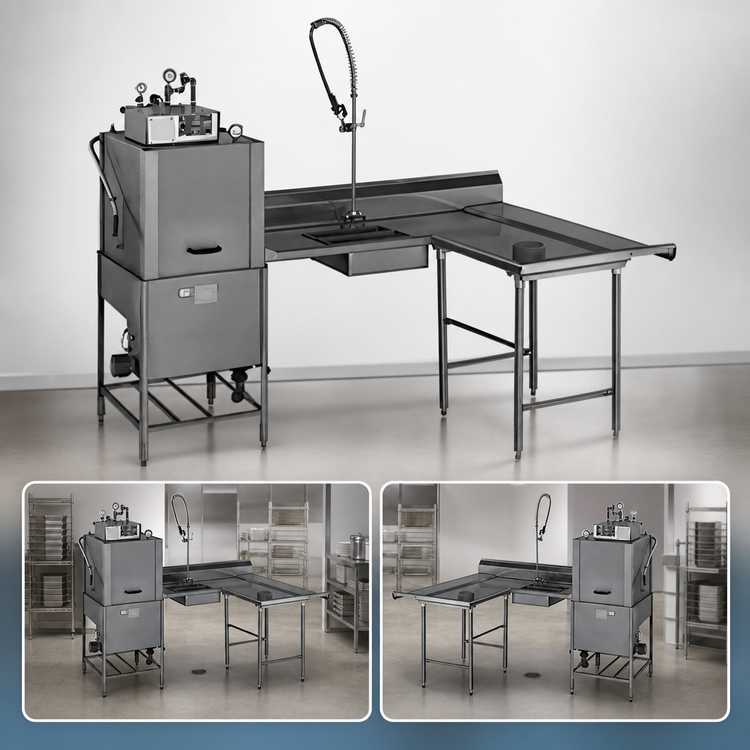 Product image #3 for Eagle Group Island Soiled Dishtable with Dish Landing Shelf and Pre-Rinse Sink, Right-to-Left, 72" Machine-to-Corner x 60" Corner-to-End