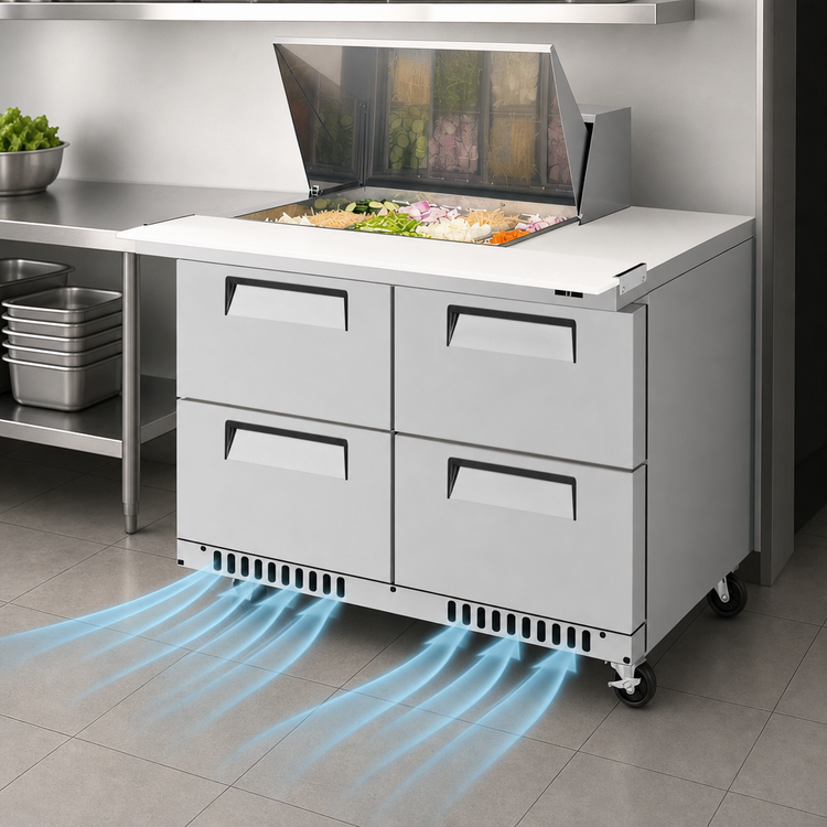 Product image #4 for Turbo Air Super Deluxe 48-1/4-Inch 2-Section Refrigerated Prep Table Workstation with 4 Drawers