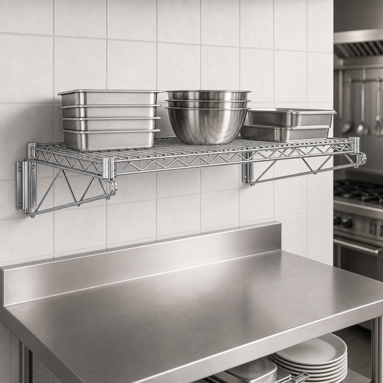 Product image #3 for Quantum Wall-Mount Cantilever Single Wire Shelf Unit, 30 x 24 Inches, Chrome-Plated
