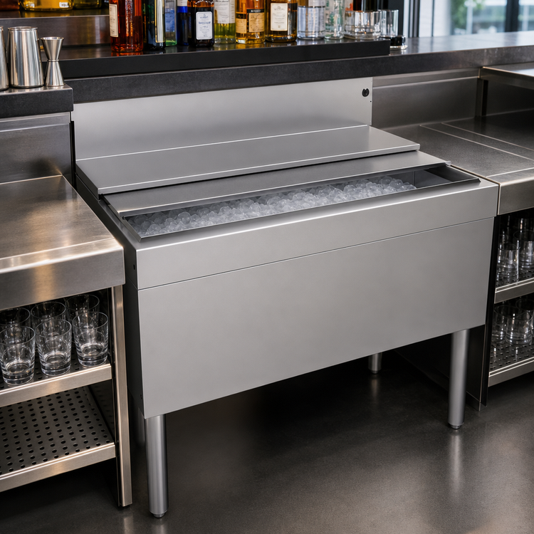 Product image #3 for Glastender 36 Inch x 24 Inch Underbar Ice Bin with Sliding Stainless Steel Cover, 127 lb Capacity