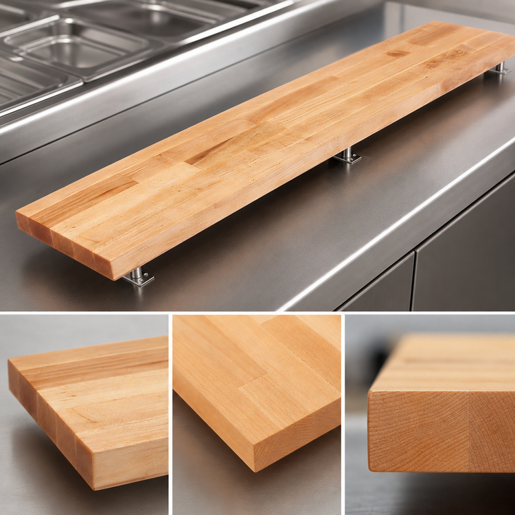 Product image #3 for John Boos 60 Inch x 10 Inch x 1-1/4 Inch Edge Grain Northern Hard Rock Maple Steam Table Cutting Board with Adjustable Stainless Steel Supports