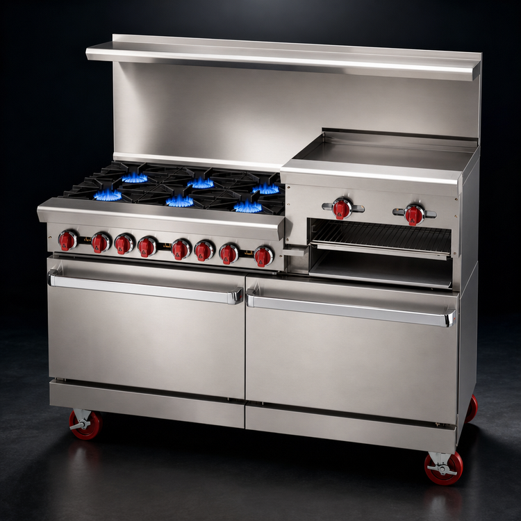 Product image #3 for American Range 72-Inch Gas Restaurant Range with 6 Open Burners, 36-Inch Right-Side Raised Griddle/Broiler, Left Oven and Storage Base
