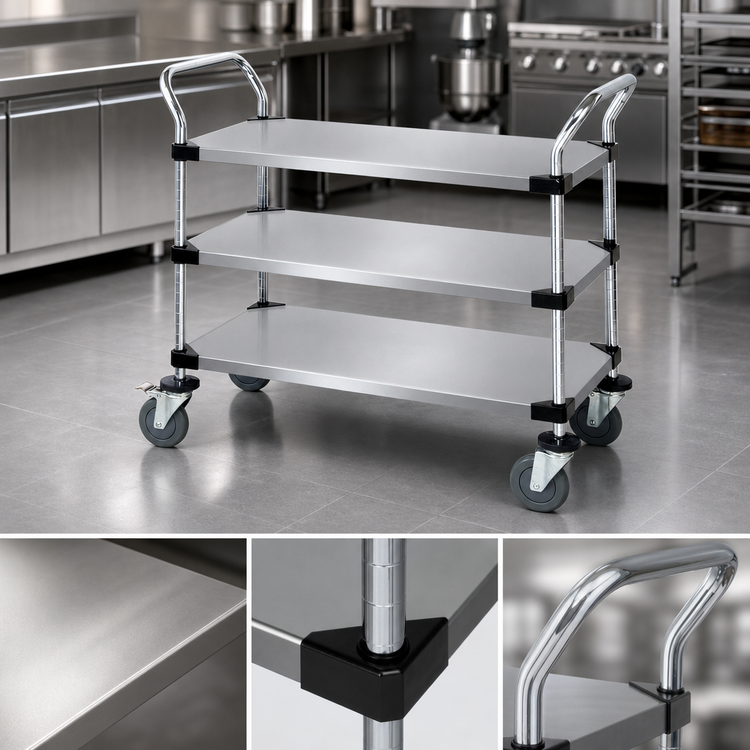 Product image #3 for Quantum 3-Shelf Solid Stainless Steel Utility Bus Cart, 36 x 18 x 37-1/2 Inches