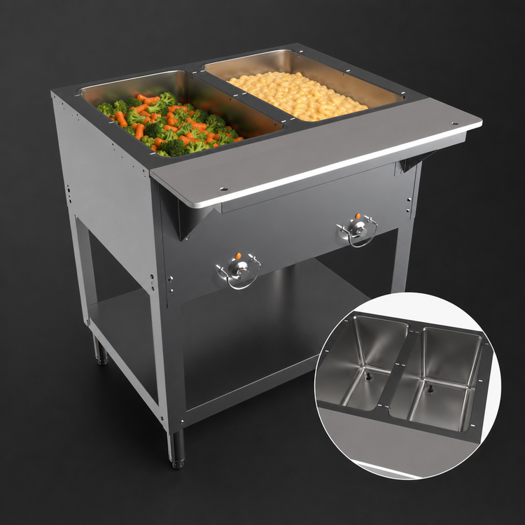 Product image #4 for BK Resources ST-SW-2 2-Pan Electric Steam Table with Sealed Wells, Open Shelf Base, and Cutting Board Shelf