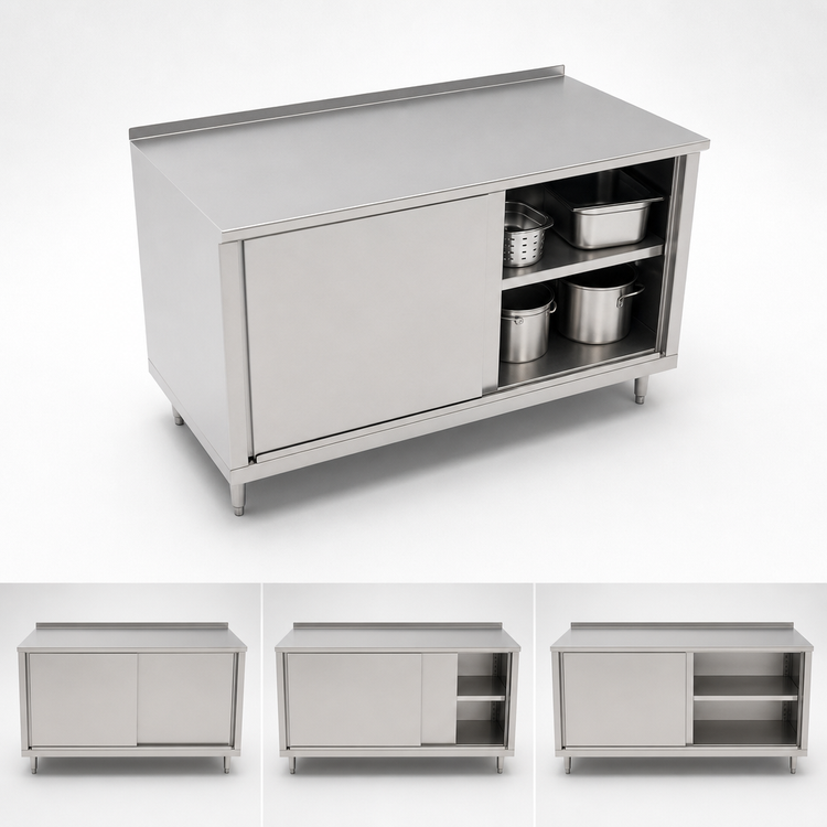 Product image #3 for John Boos 72 Inch Stainless Steel Enclosed Work Table with Sliding Doors and 1-1/2 Inch Rear Up-Turn