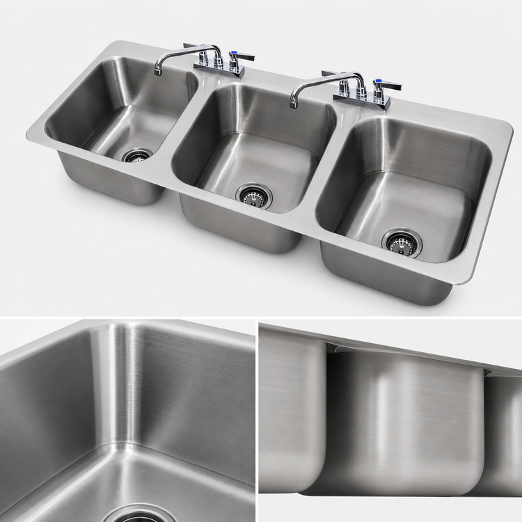 Product image #3 for Advance Tabco Three-Compartment Drop-In Sink, 14 x 16 x 10 in Bowls, 304 Stainless Steel