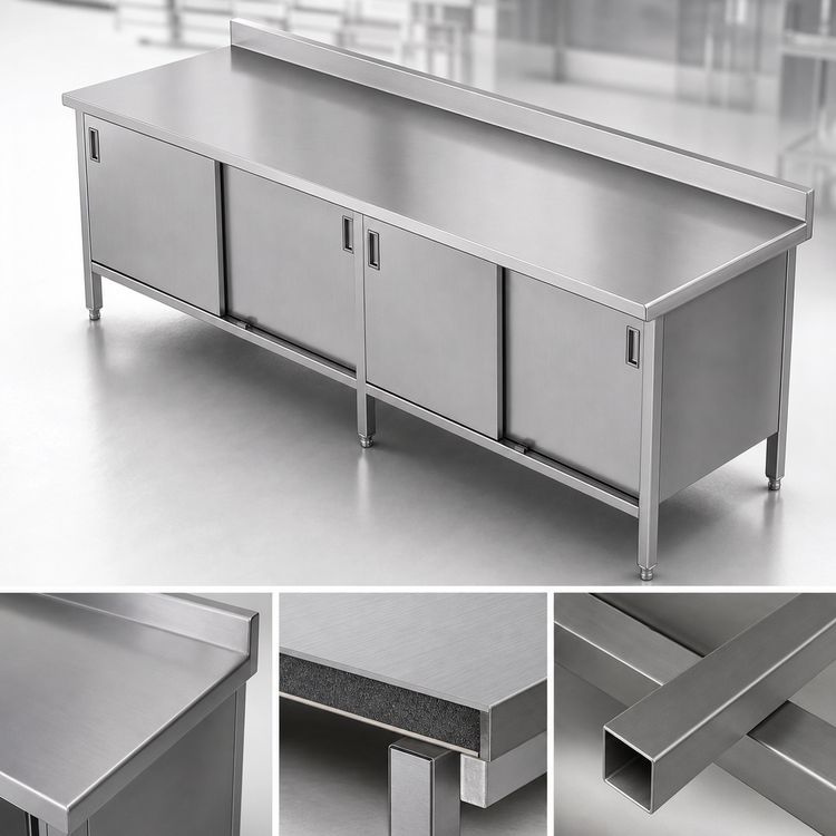 Product image #3 for John Boos Enclosed Base Work Table with Sliding Doors, 108-Inch W x 30-Inch D, 16-Gauge 300 Series Stainless Steel Top, 5-Inch Backsplash