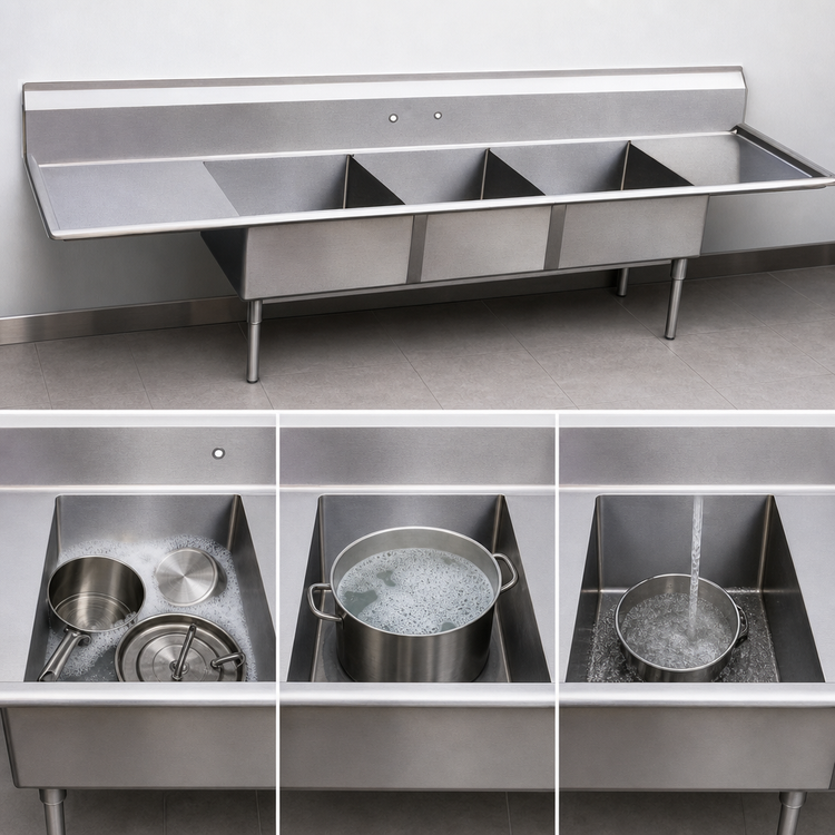 Product image #3 for Omcan USA 3-Compartment 304 Stainless Steel Pot Sink with Left & Right Drainboards, 18 x 18 x 11 Bowls