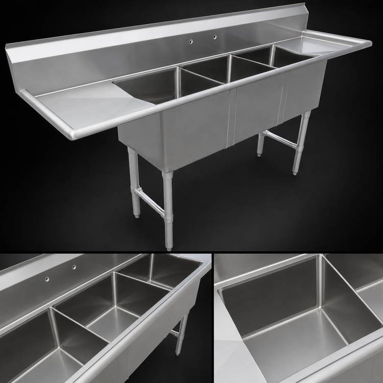 Product image #3 for Steel Works Stainless 84-Inch 3-Compartment 18-Gauge 304 Stainless Steel Sink with Left and Right Drainboards