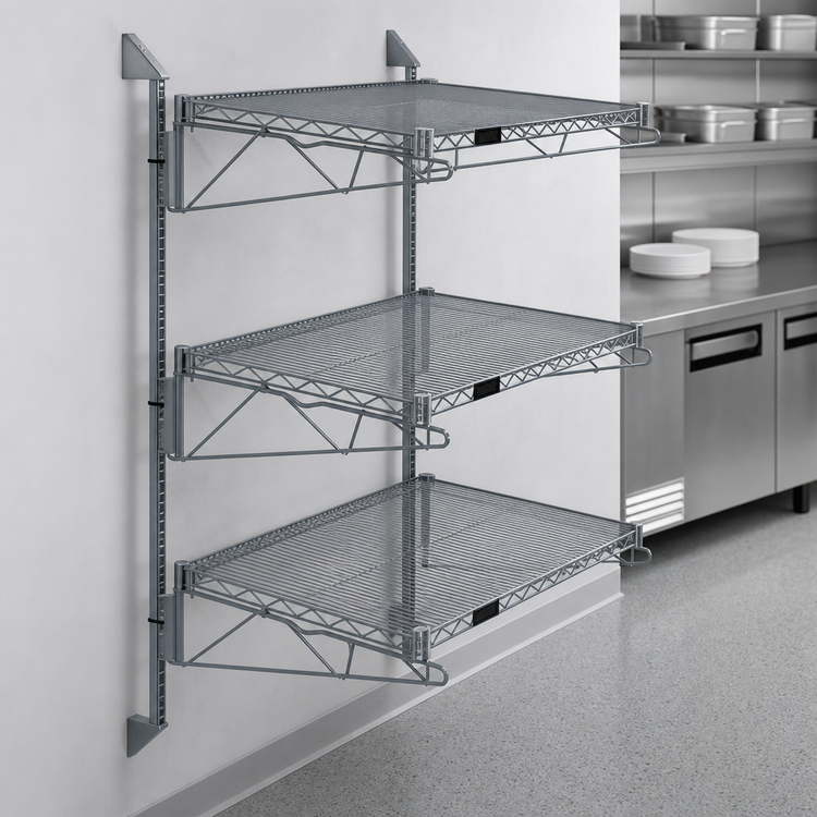 Product image #3 for Quantum Wall-Mounted Cantilever Starter Shelving Unit with 3 Wire Shelves, Gray Epoxy Antimicrobial Finish
