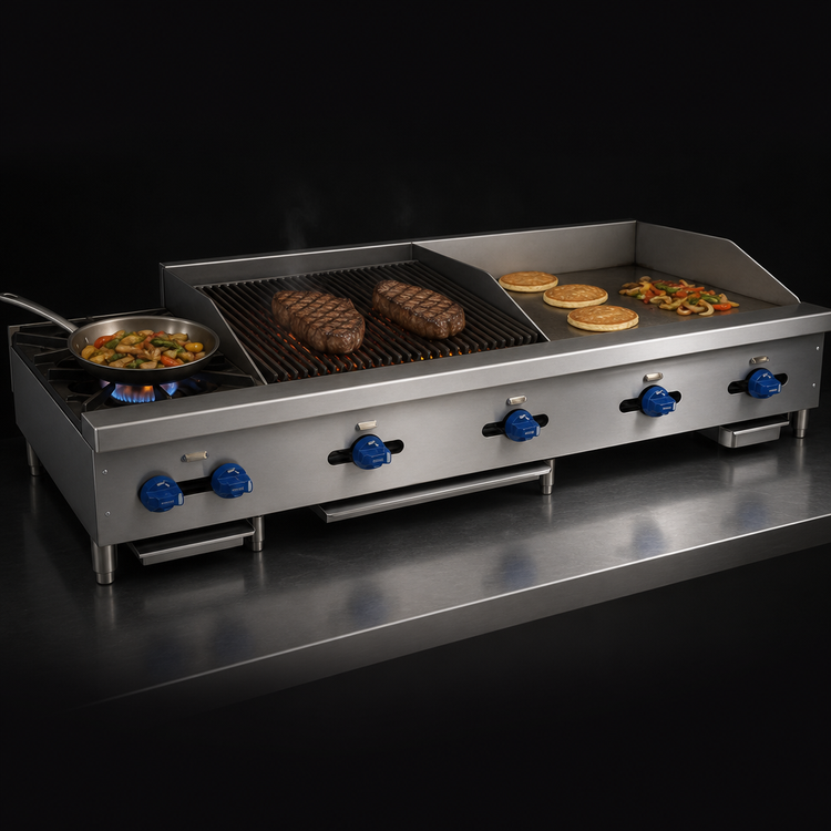 Product image #3 for Comstock-Castle FHP60-24-2LB 60-Inch Countertop Gas Griddle, Lava Rock Char-Broiler & Open Burner Combination