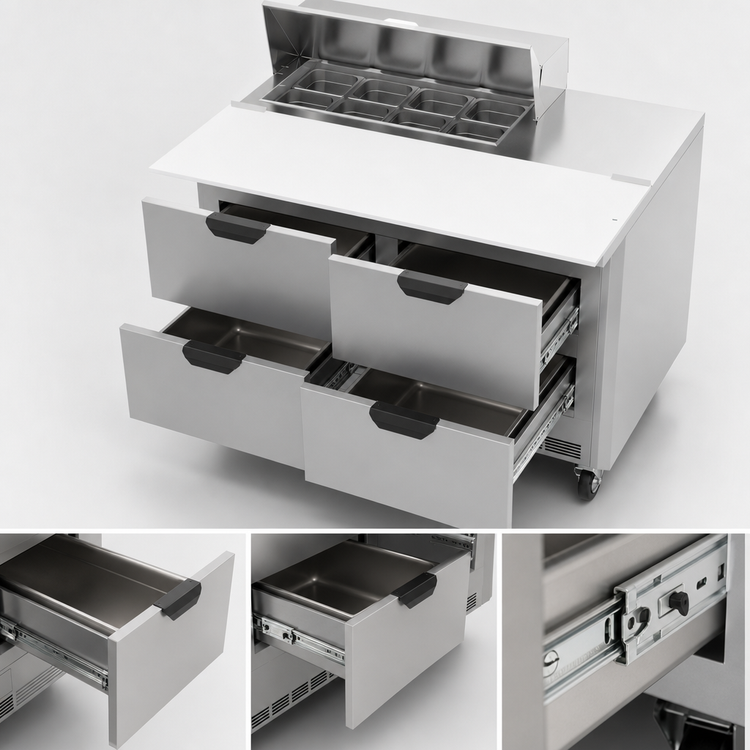 Product image #4 for Beverage Air 48-Inch Two-Section Refrigerated Sandwich Prep Table with 4 Drawers, 8 1/6-Size Pan Top, and 17-Inch Cutting Board