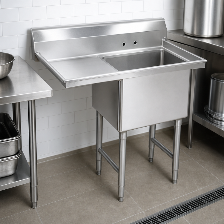 Product image #3 for Advance Tabco Fabricated 1-Compartment Sink with 24-Inch Left Drainboard, 18 x 18 x 14-Inch Bowl, 304 Stainless Steel