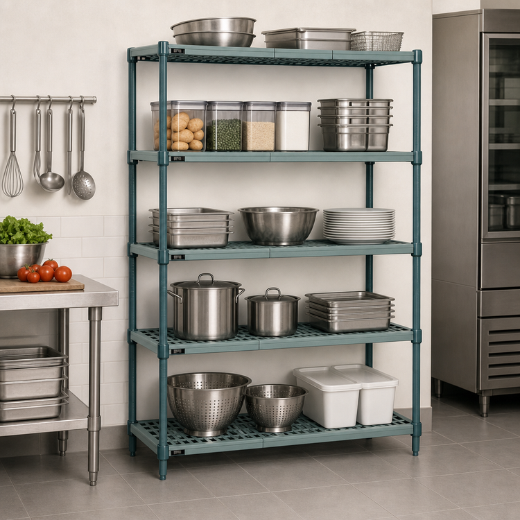 Product image #3 for Quantum 5-Tier Stationary Wire Plastic Mat Shelving Unit, 54-Inch W x 14-Inch D x 63-Inch H, Green Epoxy Coated