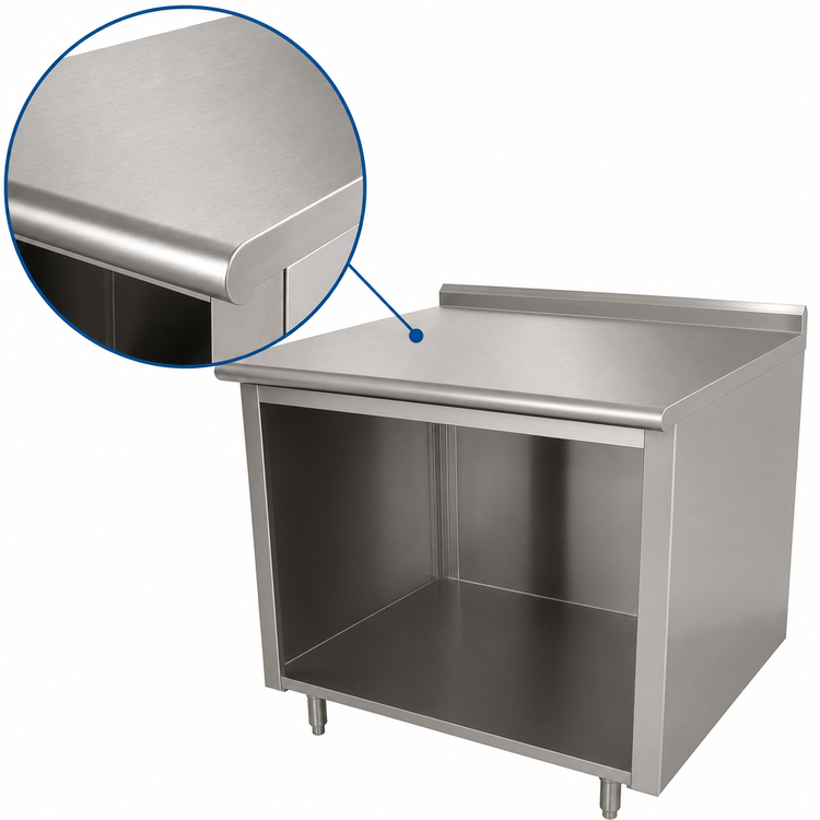 Product image #3 for Advance Tabco 84-Inch x 36-Inch 14-Gauge 304 Stainless Steel Work Table with Open Front Cabinet Base and 1-1/2-Inch Rear Up-Turn