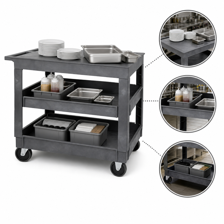 Product image #3 for Quantum 3-Shelf Polymer Flat-Top Utility Cart, 40 x 26 Inches, Gray