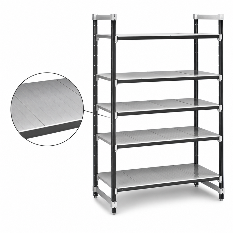 Product image #3 for Cambro Camshelving Elements XTRA 5-Tier Solid Stationary Polymer Shelving Starter Unit, 24" Deep x 30" Wide x 84" High, Speckled Gray