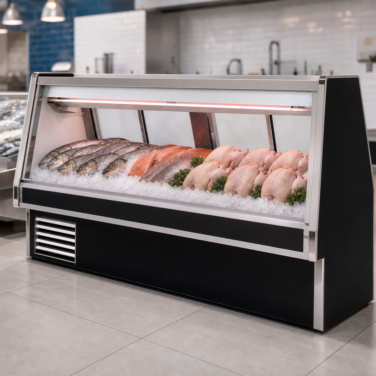 Product image #3 for Howard-McCray 34E Series Double Duty Self-Contained Endless Design Fish and Poultry Service Case, 124-1/2 Inches, Black Exterior/White Interior, LED