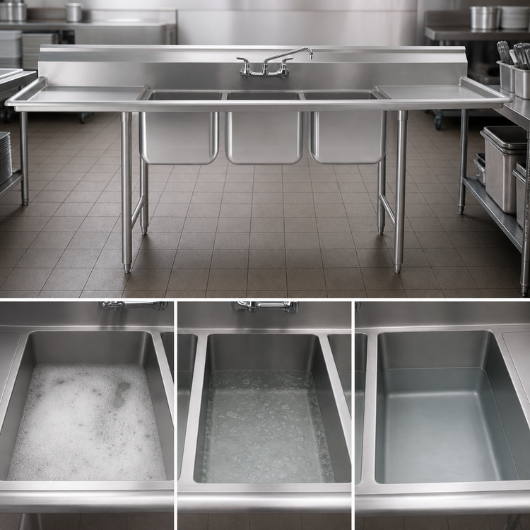 Product image #3 for Eagle Group 414 Series Coved Corner Three-Compartment Floor Model Sink with Dual 24-Inch Drainboards