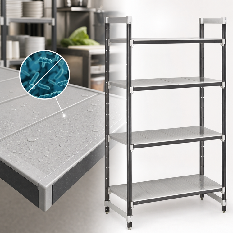 Product image #3 for Cambro Camshelving Elements XTRA 4-Tier Solid Stationary Starter Shelving Unit, 30 Inches x 21 Inches x 72 Inches, Speckled Gray