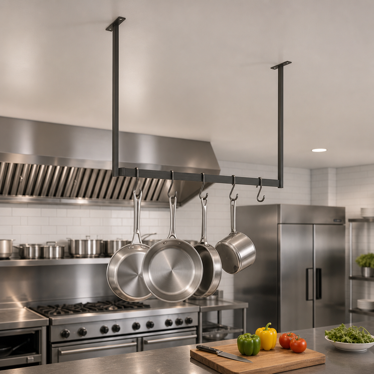 Product image #3 for John Boos 43-1/4-Inch Ceiling-Mounted Single-Bar Stainless Steel Pot Rack with 4 Double Hooks