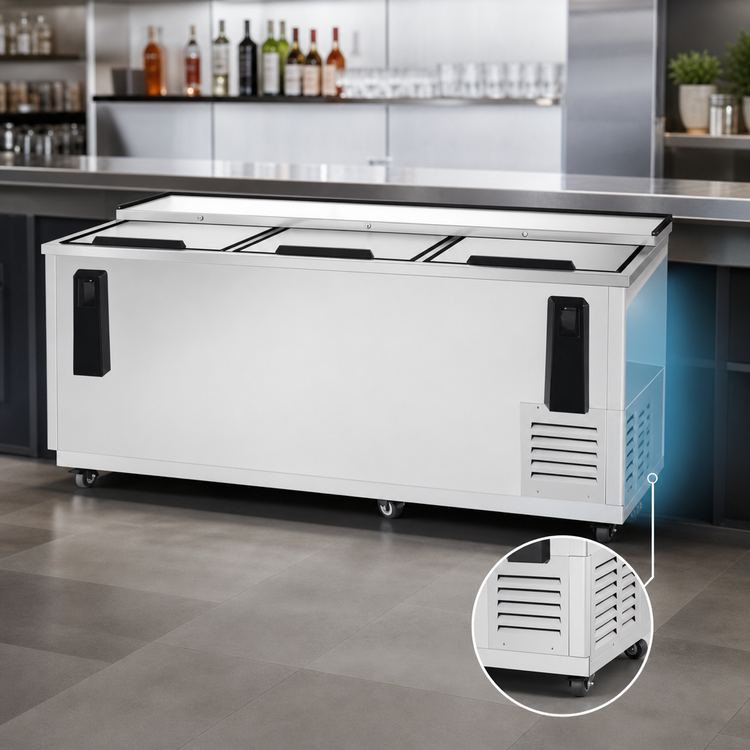 Product image #4 for Atosa 80 1/2-Inch Horizontal Stainless Steel Bottle Cooler, 21.2 Cu. Ft., 3 Sliding Lids, Side-Mount Refrigeration
