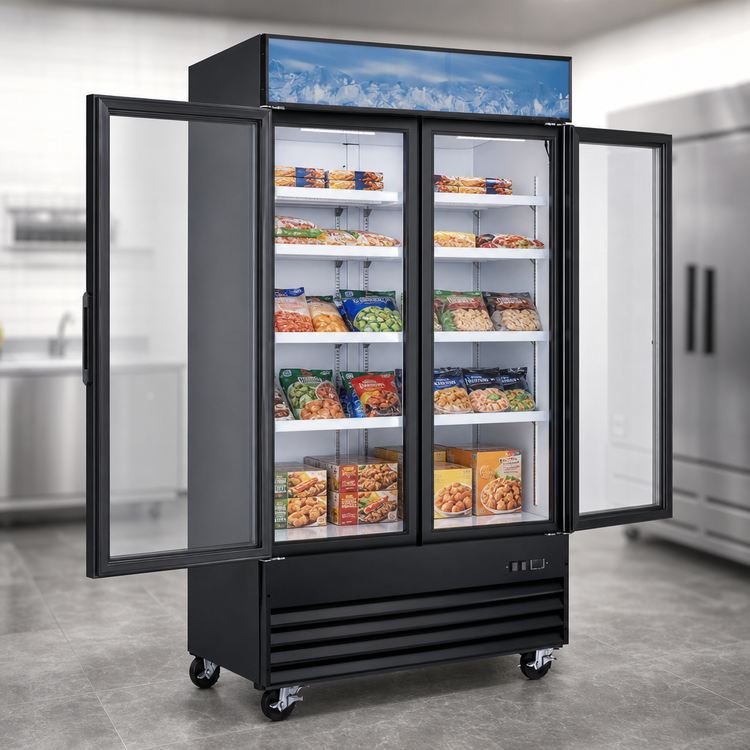 Product image #3 for Omcan Two-Section Reach-In Glass Door Display Freezer, 29 Cu. Ft., Black