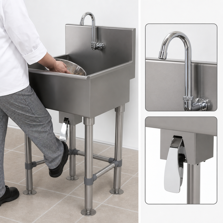 Product image #3 for Advance Tabco One-Station Floor-Mounted Knee-Operated Stainless Steel Service Sink with Gooseneck Spout