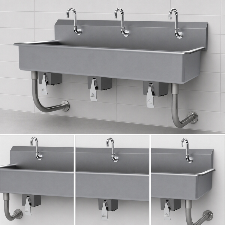 Product image #3 for Advance Tabco 60-Inch 3-Station Wall Mounted Knee Operated Hand Sink, 16 Gauge 304 Stainless Steel