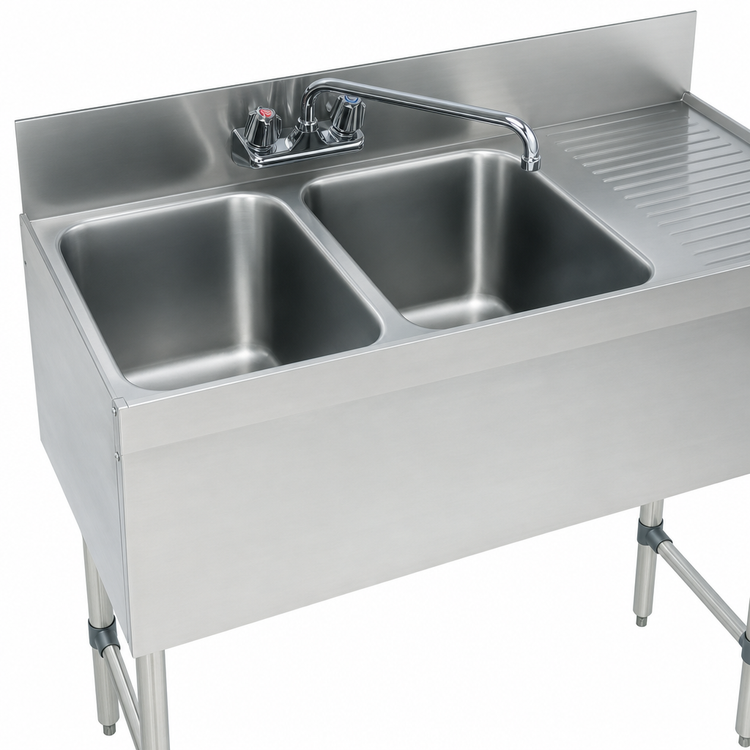 Product image #3 for Advance Tabco Special Value Series 48-Inch 2-Compartment Stainless Steel Underbar Bar Sink with Right Drainboard and Splash-Mount Faucet