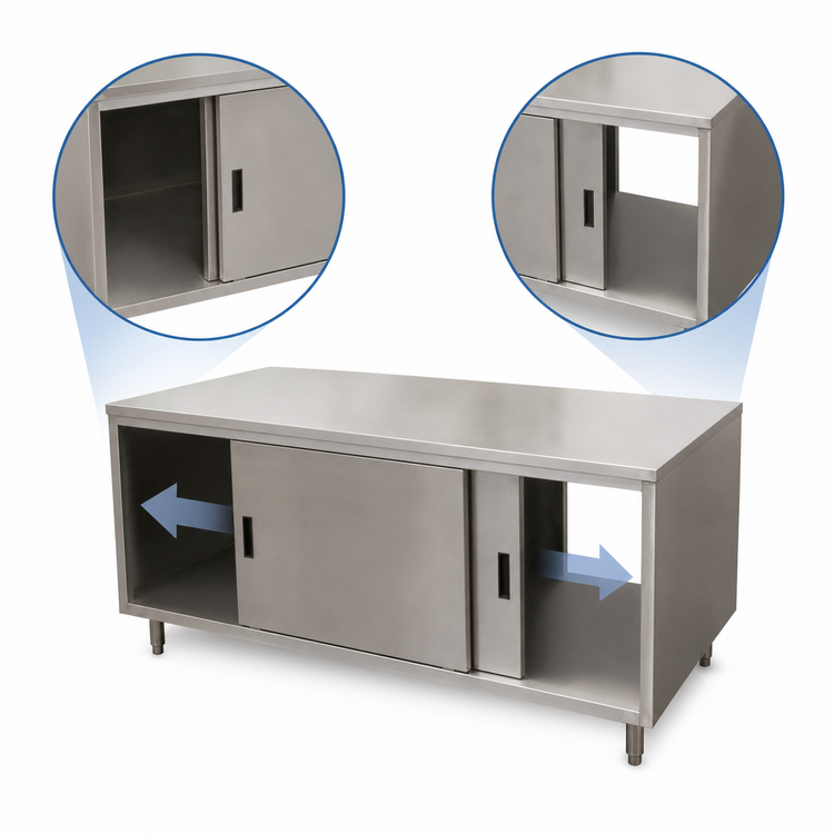 Product image #3 for BK Resources Dual Access Stainless Steel Chef Table with Cabinet Base and Sliding Doors, 72 x 30 x 34-3/4 Inches