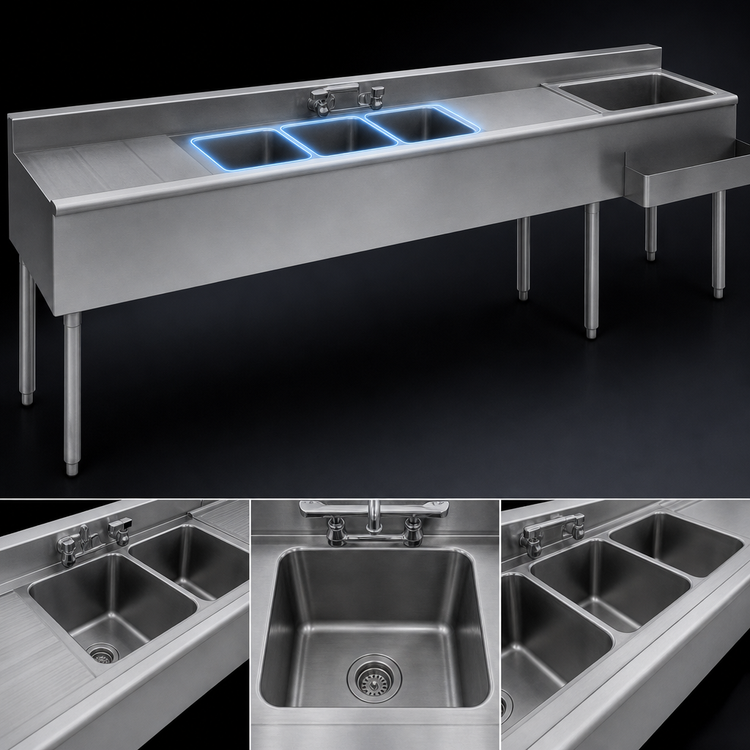 Product image #3 for Eagle 1800 Series 96-Inch Underbar Combination Unit with 3 Sink Bowls, 24-Inch Ice Bin, and Drainboards