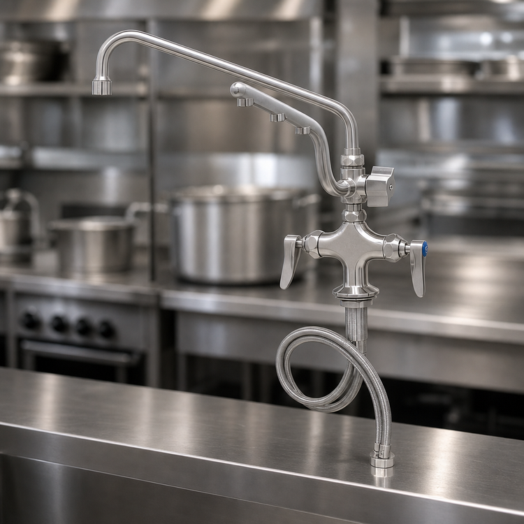 Product image #4 for T&S Brass UltraRinse Stainless Steel Single-Hole Deck-Mount Manual Mixing Faucet with 12-Inch Swing Nozzle and 1.5 GPM Spray Arm