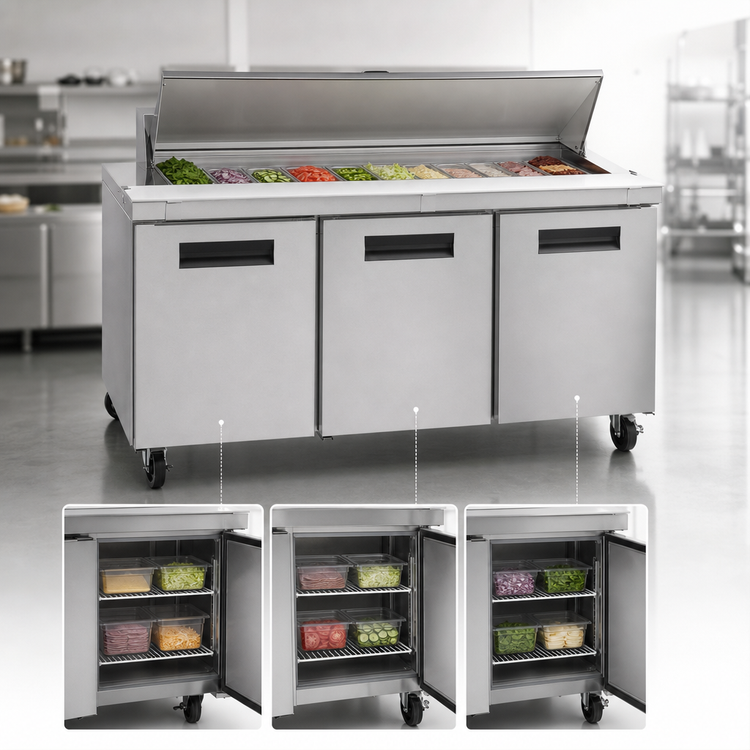Product image #3 for Hoshizaki Steelheart 72-Inch Three-Section Sandwich Top Refrigerated Prep Table, 16-Pan Top Rail
