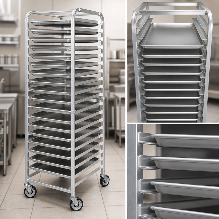 Product image #3 for Omcan Full-Size Mobile End-Load Aluminum Pan Rack with Curved Top, 20-Pan Capacity