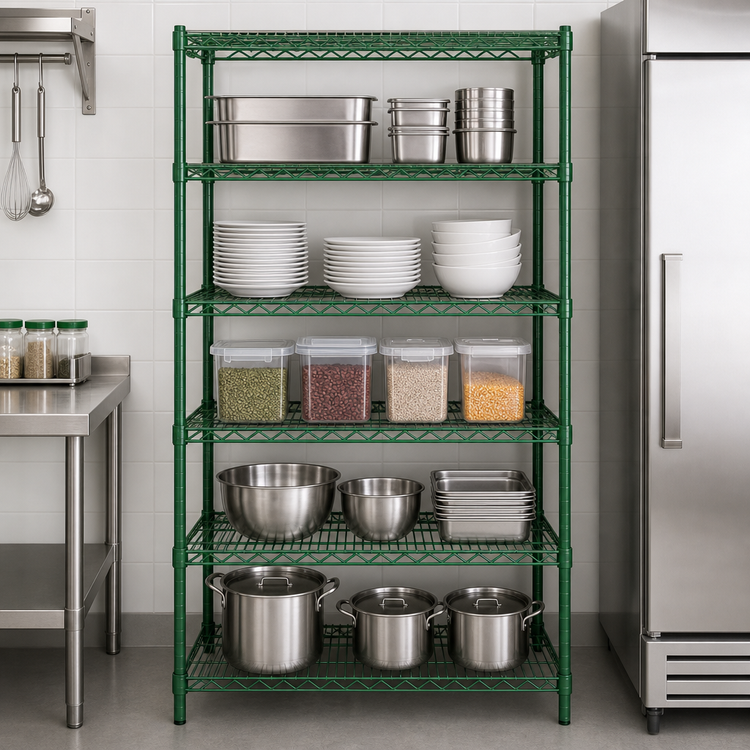 Product image #3 for Steel Works Heavy Duty 5-Tier Stationary Wire Shelving Unit, 54 x 21 Inches, Green Epoxy Coated