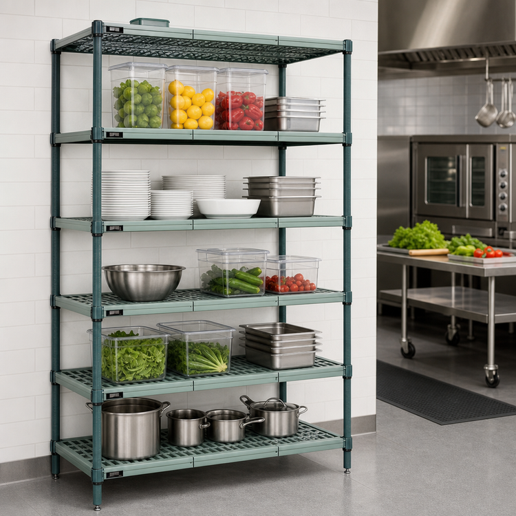 Product image #3 for Quantum 5-Tier Stationary Wire Plastic Mat Shelving Unit, 60W x 14D x 86H, Green Epoxy Coated
