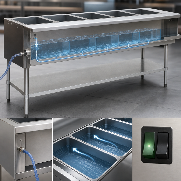 Product image #3 for Eagle Group SWT5-208 5-Well Electric Water Bath Hot Food Table with Open Cabinet Base
