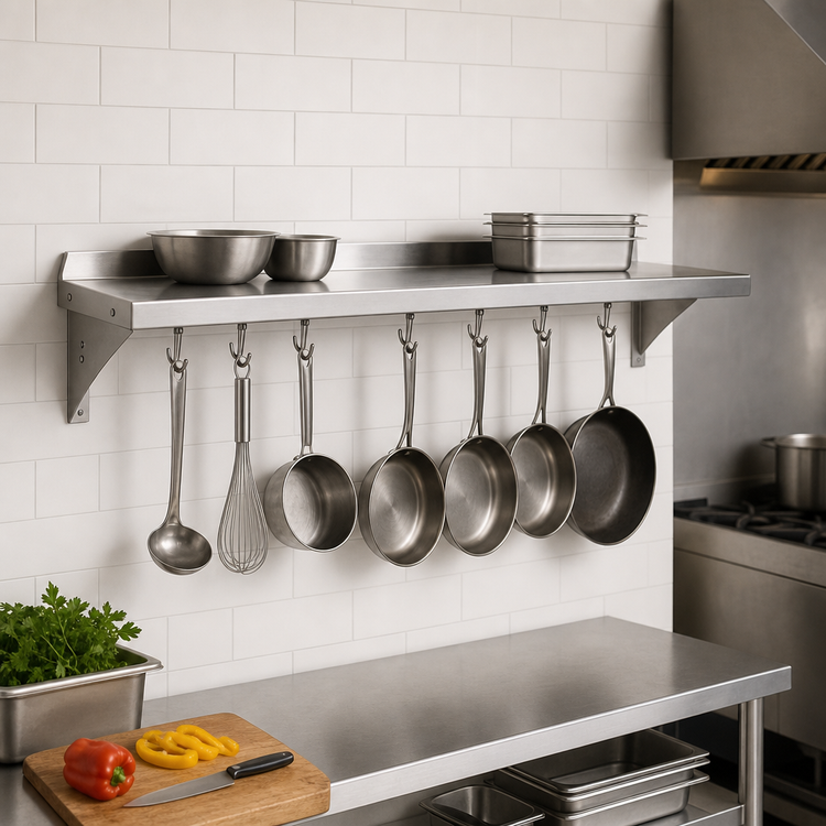 Product image #3 for John Boos Stallion Wall-Mount Stainless Steel Pot Rack Shelf with 4 Hooks, 48 x 18 Inches