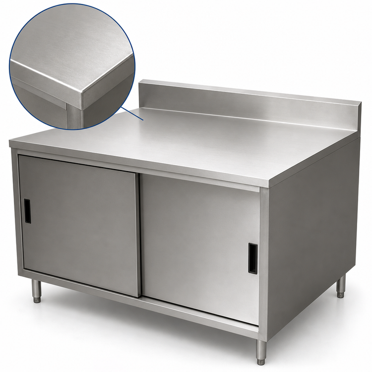 Product image #3 for BK Resources CSTR5-3048S 48 Inch Stainless Steel Chef Table with Cabinet Base, Sliding Doors, and 5 Inch Back Riser