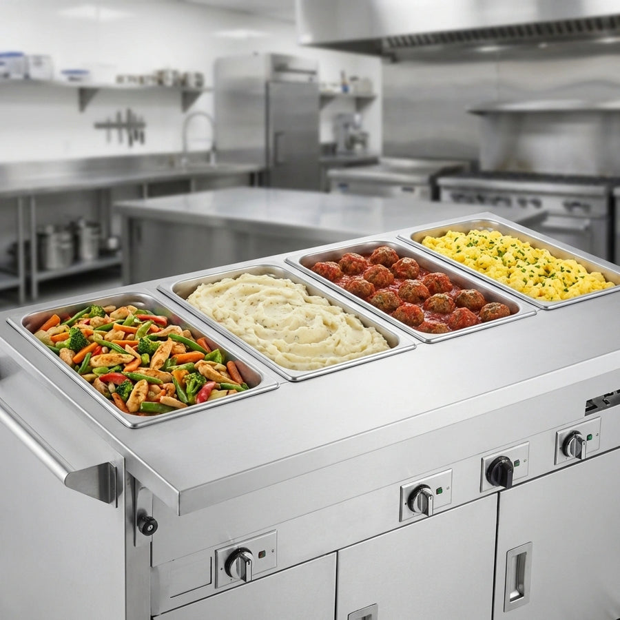 This professional shot highlights the four 12" x 20" sealed hot wells, expertly maintaining diverse hot dishes without water.
