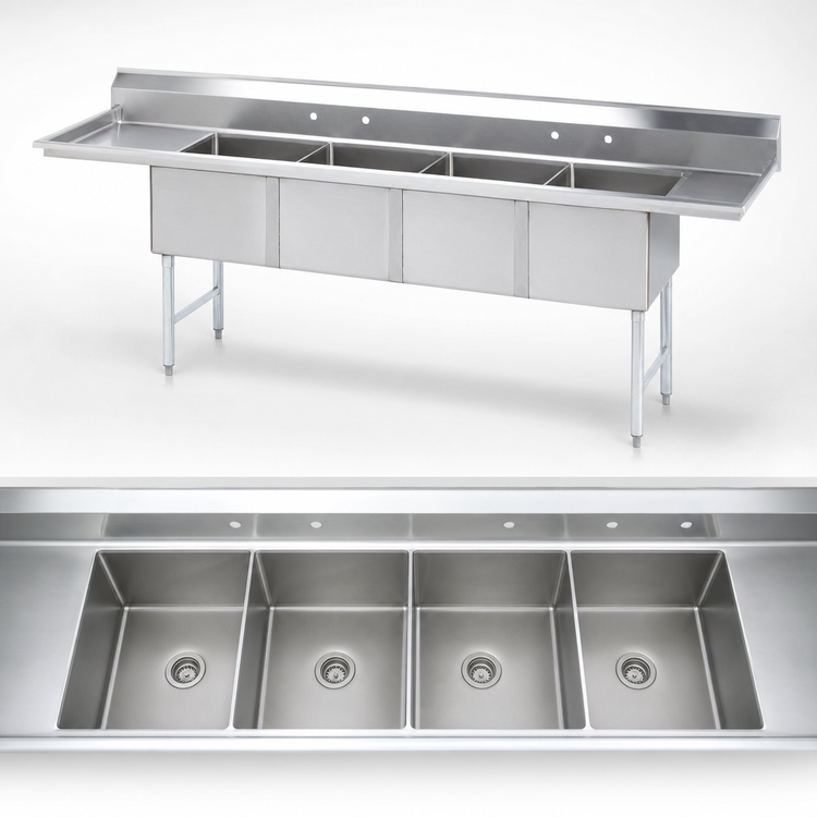 Product image #3 for Advance Tabco 4-Compartment Fabricated Sink with Left & Right Drainboards, 18 x 24 x 14-Inch Bowls, 108-Inch Wide