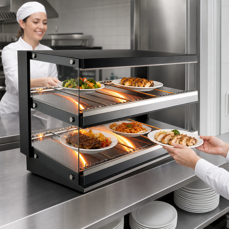 Product image #4 for Omcan Heated Pass-Through Hot Food Display Station, 2-Shelf Full-Service Countertop, 3.6 Cu. Ft., 120V