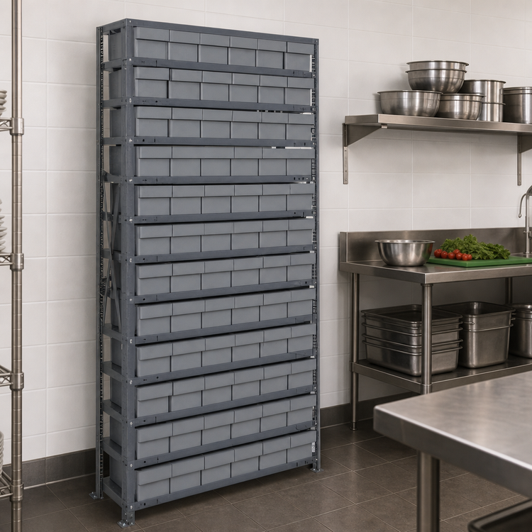 Product image #3 for Quantum Heavy-Duty Stationary Wire Shelving Unit, 36"W x 18"D x 75"H, with 13 Shelves and 72 Bins