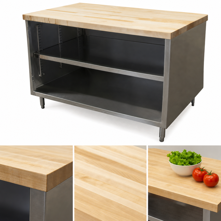 Product image #3 for BK Resources 60-Inch x 30-Inch Hard Maple Top Chef Table with Open Front Stainless Steel Cabinet Base