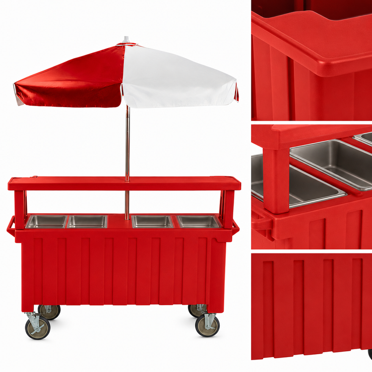 Product image #4 for Cambro Camcruiser® Hot Red Food Cart with 3 Wells, 3 Rear Compartments, and Umbrella