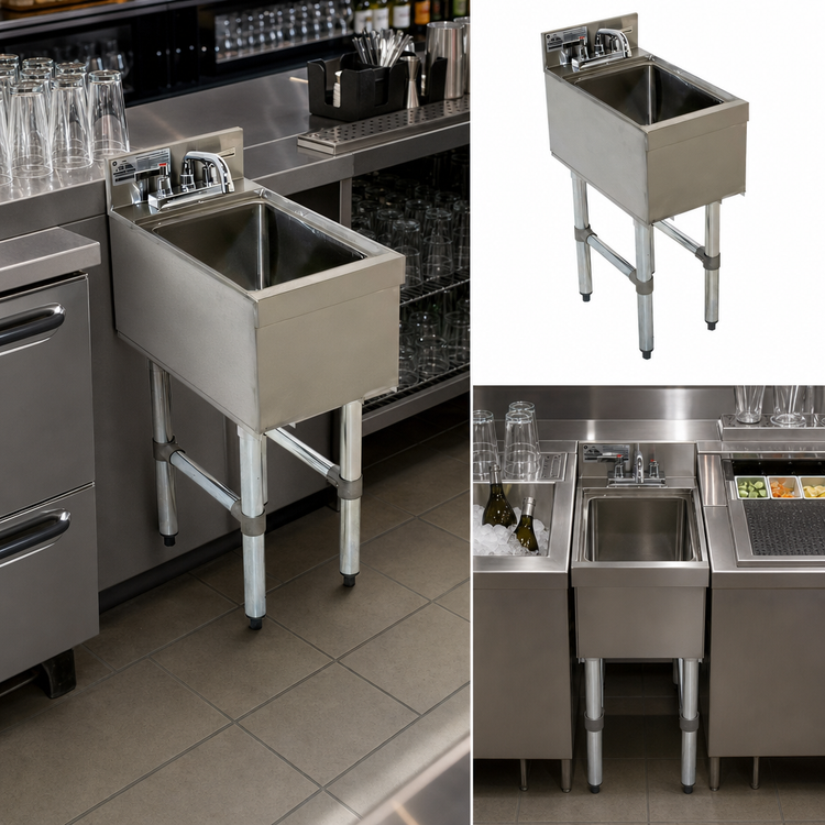 Product image #3 for Advance Tabco Underbar Basics Stainless Steel Free-Standing Underbar Hand Sink with Deck-Mount Faucet, 12 x 21 Inch