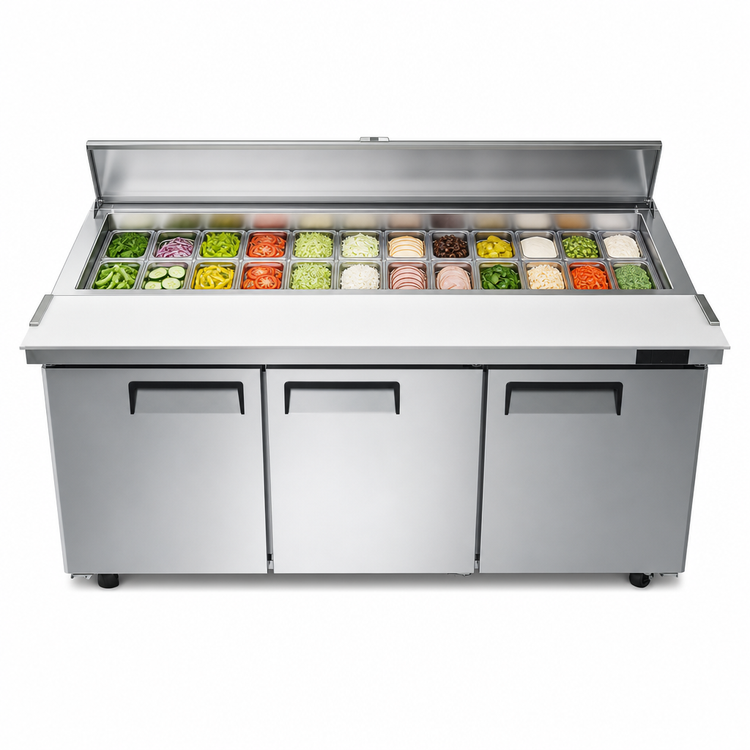 Product image #3 for Atosa 3-Section Mega Top Sandwich/Salad Prep Table Refrigerator with 30-Pan Top