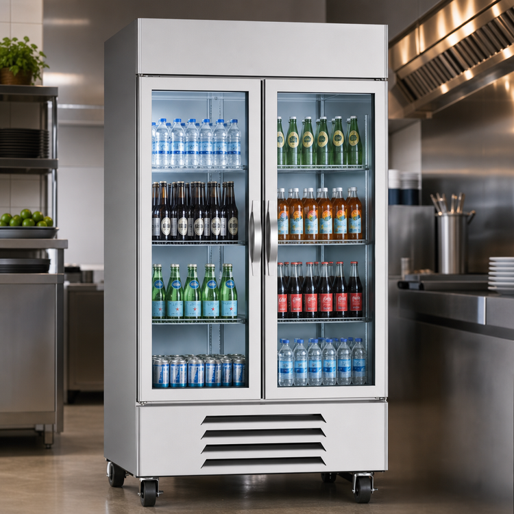 Product image #4 for Beverage-Air Horizon Series Two-Section Reach-In Glass Door Refrigerator, 35.08 Cu. Ft., Bottom-Mounted Self-Contained
